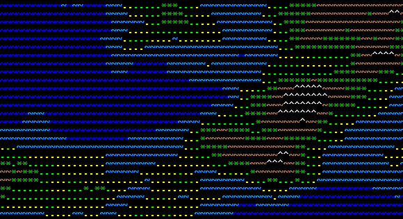 Terrain applied to noise. Looks pretty good, but it touches the edges and lacks an overall island look. Click to view demo.